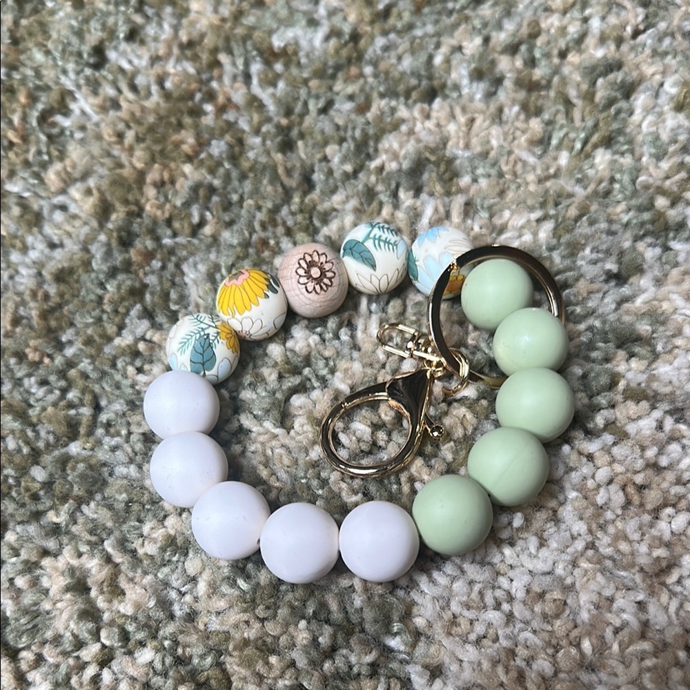 Wildflower Pistachio Cream Keychain Bracelet Wristlet Silicone Beads 1 Wooden
